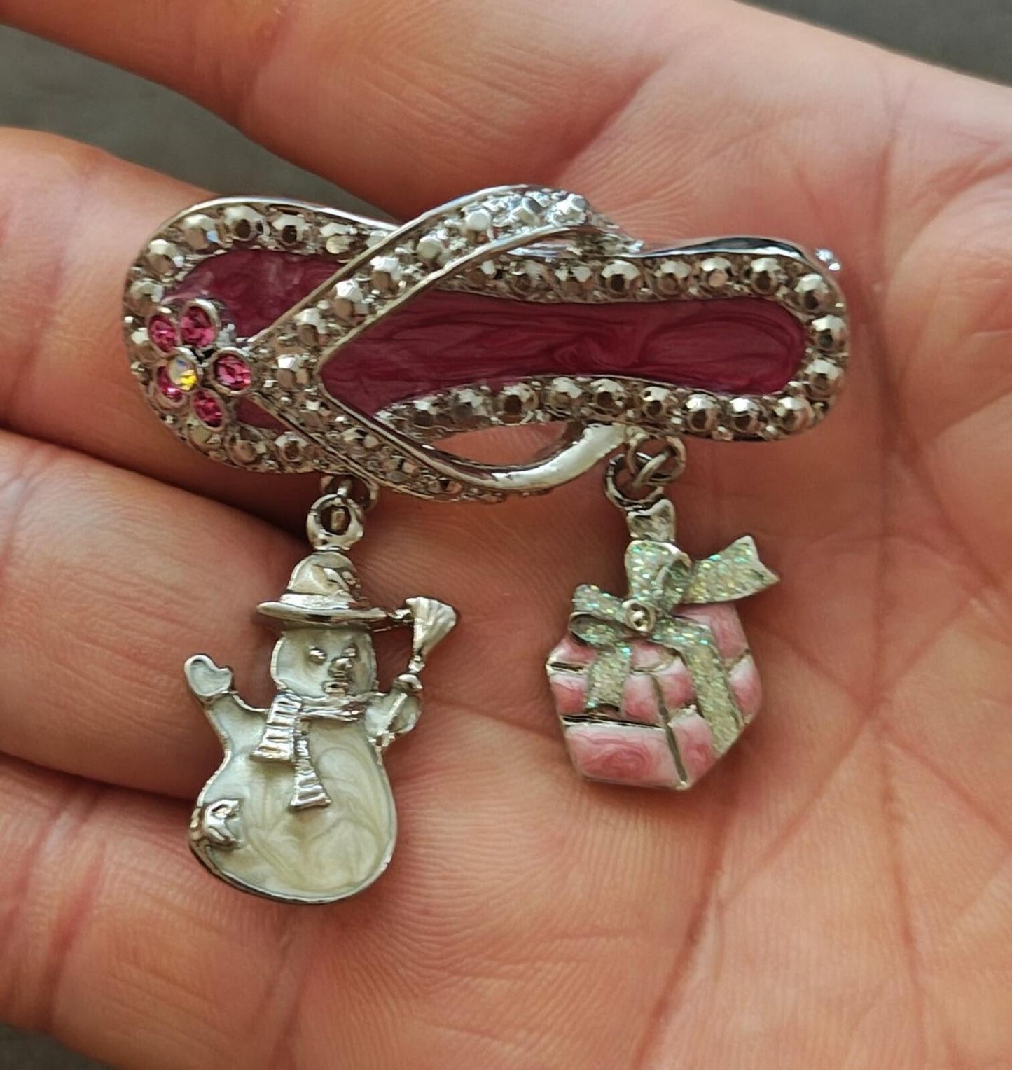 90s Silver Tone Flip Flop With Dangling Charms Enamel & Rhinestones Brooch