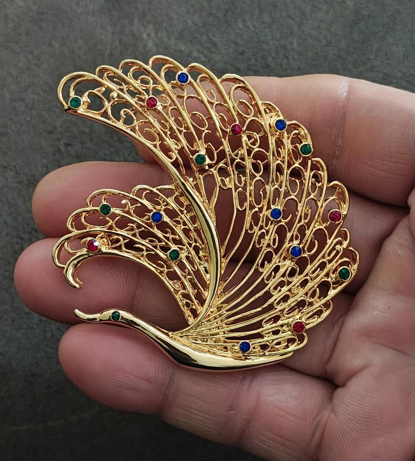 1990's Vintage Large Peacock/Swan Gold Tone Red Blue Green Crystals Brooch Pin