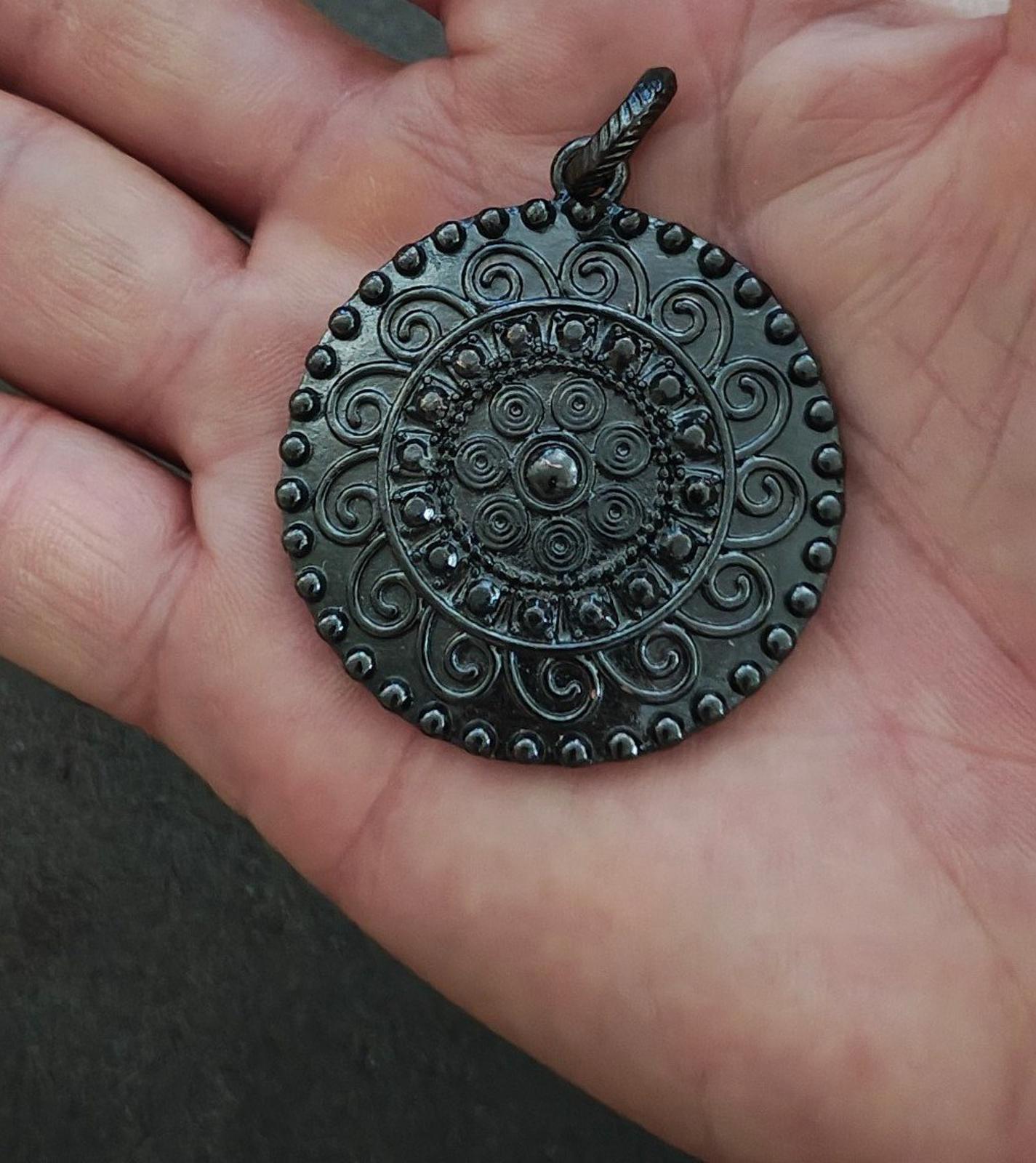 1990s Gun Metal Round Floral Design Pendant