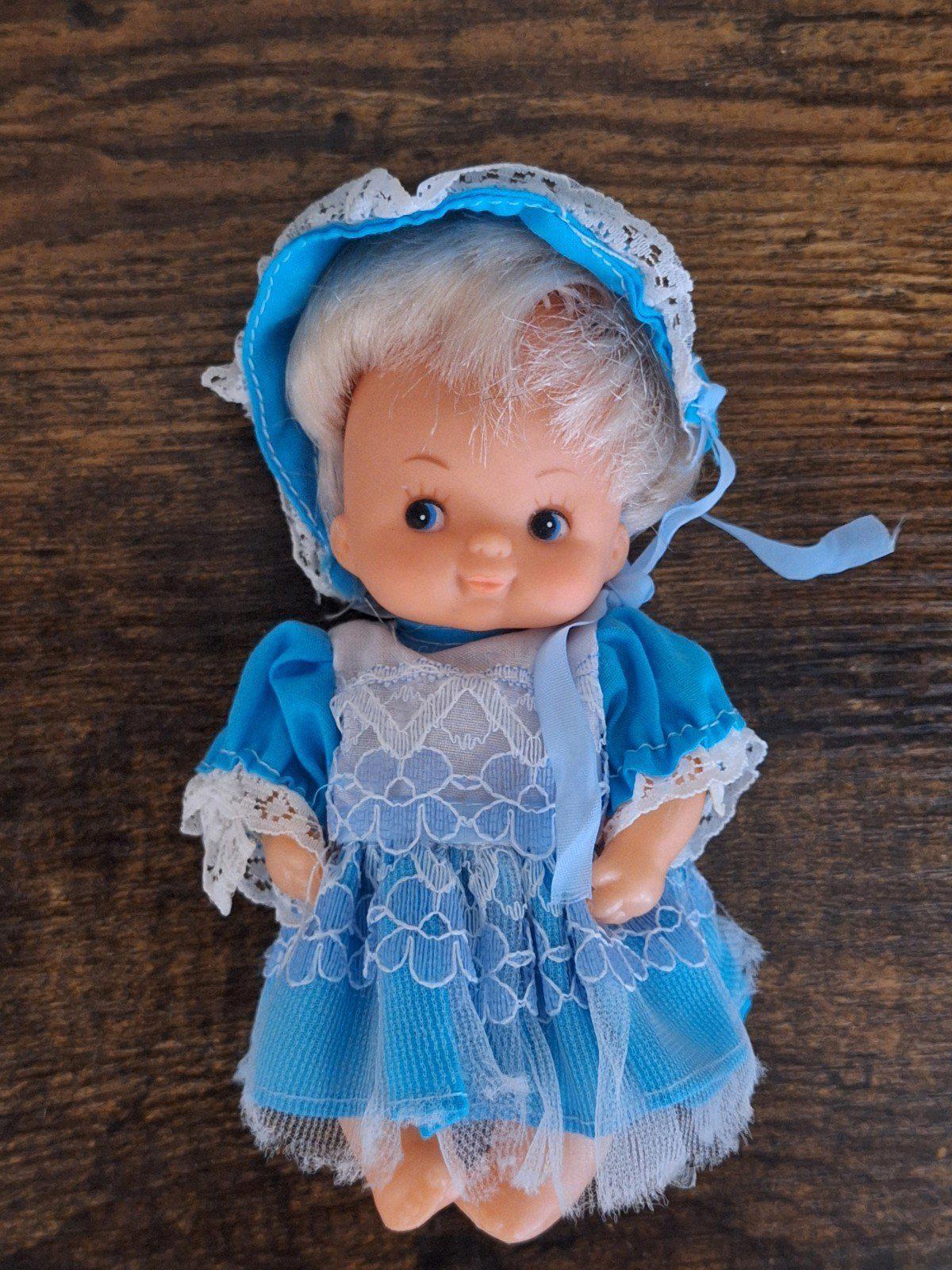 1970's Miniature Baby Doll With Blue Dress and Blue Eyes