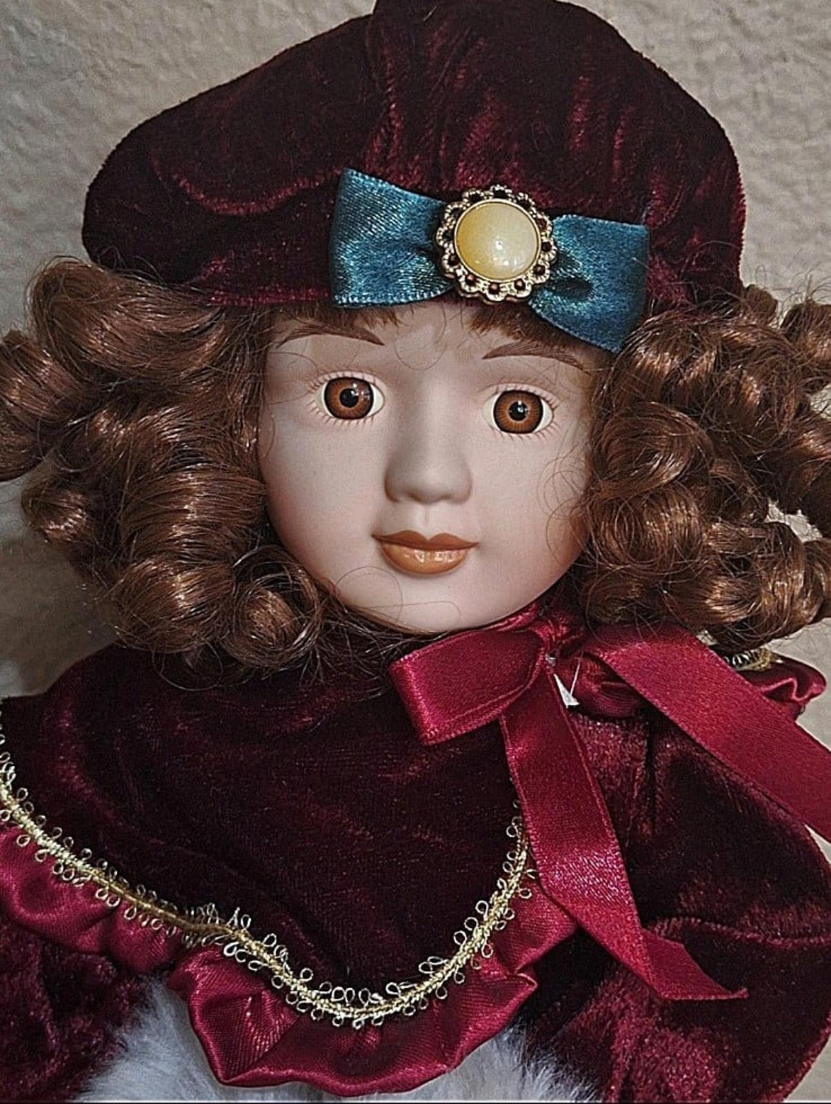 1983 Enesco Porcelain Christmas 17" Tall Doll With Cloth Body