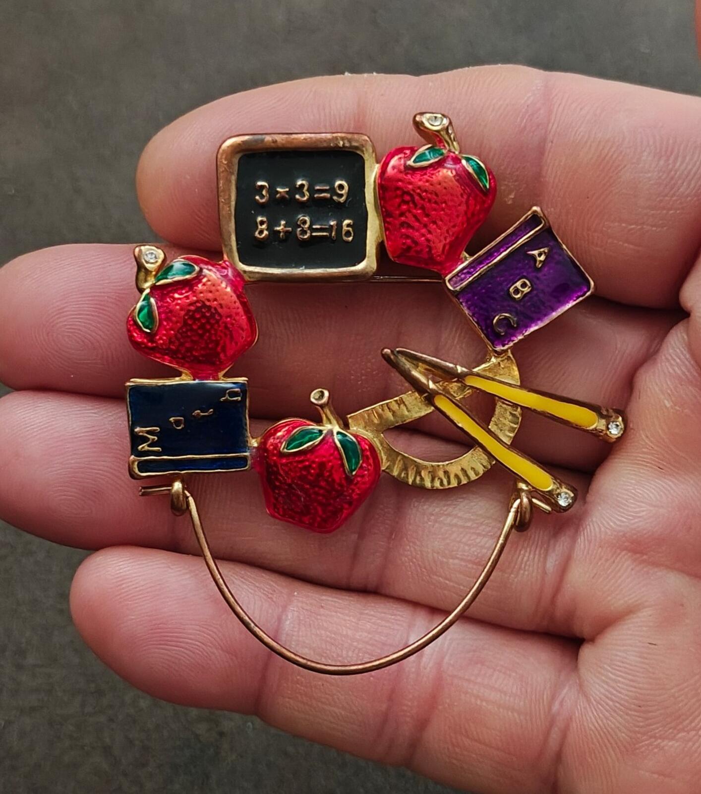 1980s Gold Tone Enamel School Teacher Brooch