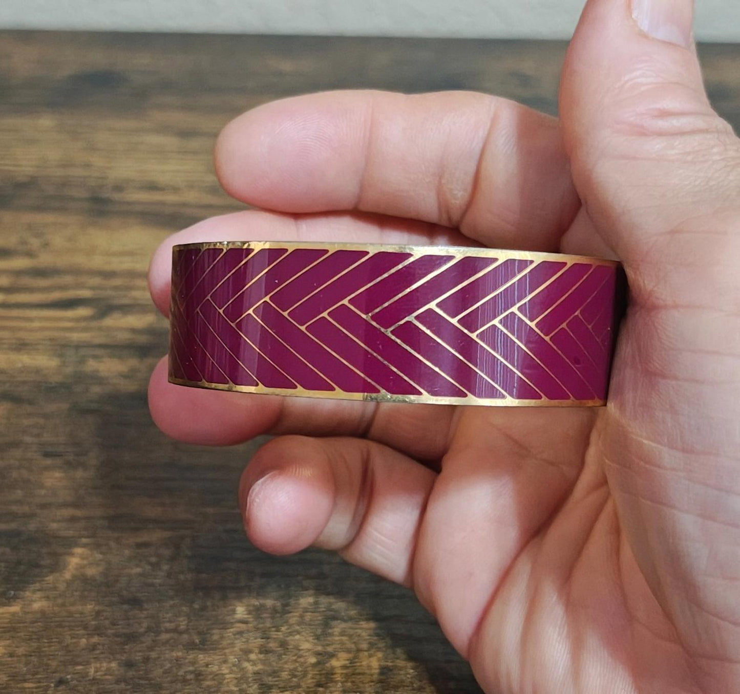 1990s J.Crew Gold Plated With Burgundy Enamel Herringbone Bangle Bracelet