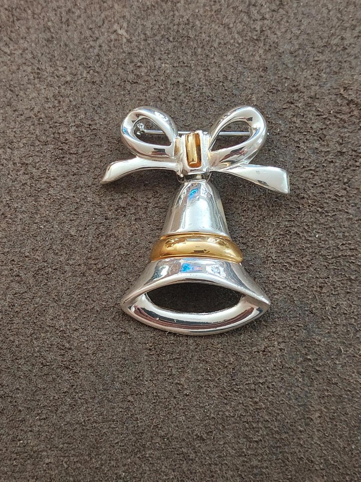 1980s Two Tone Christmas Bell With Bow Brooch