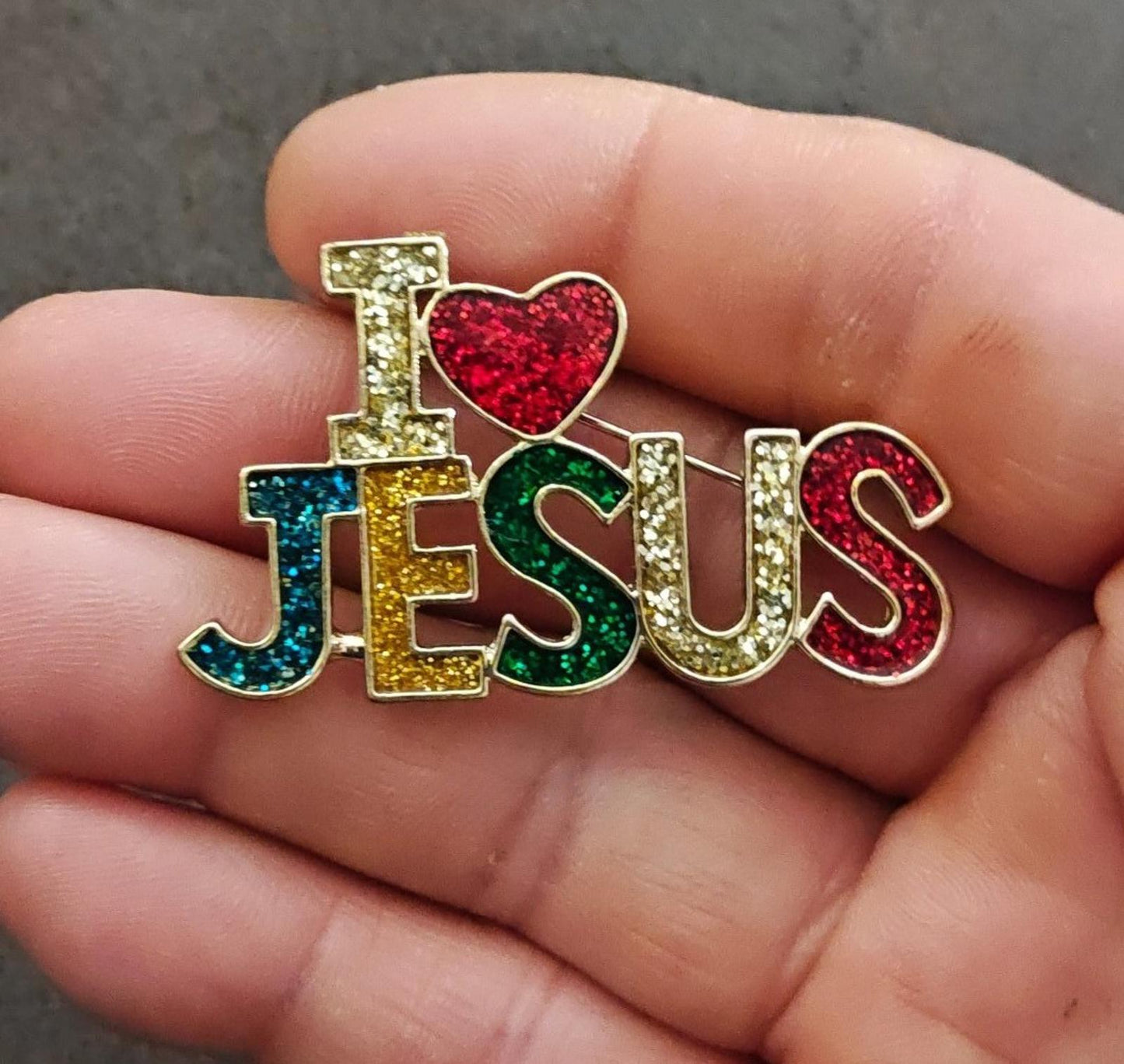 1990s I Love Jesus Rainbow Colors Glitter Enamel Brooch Pin