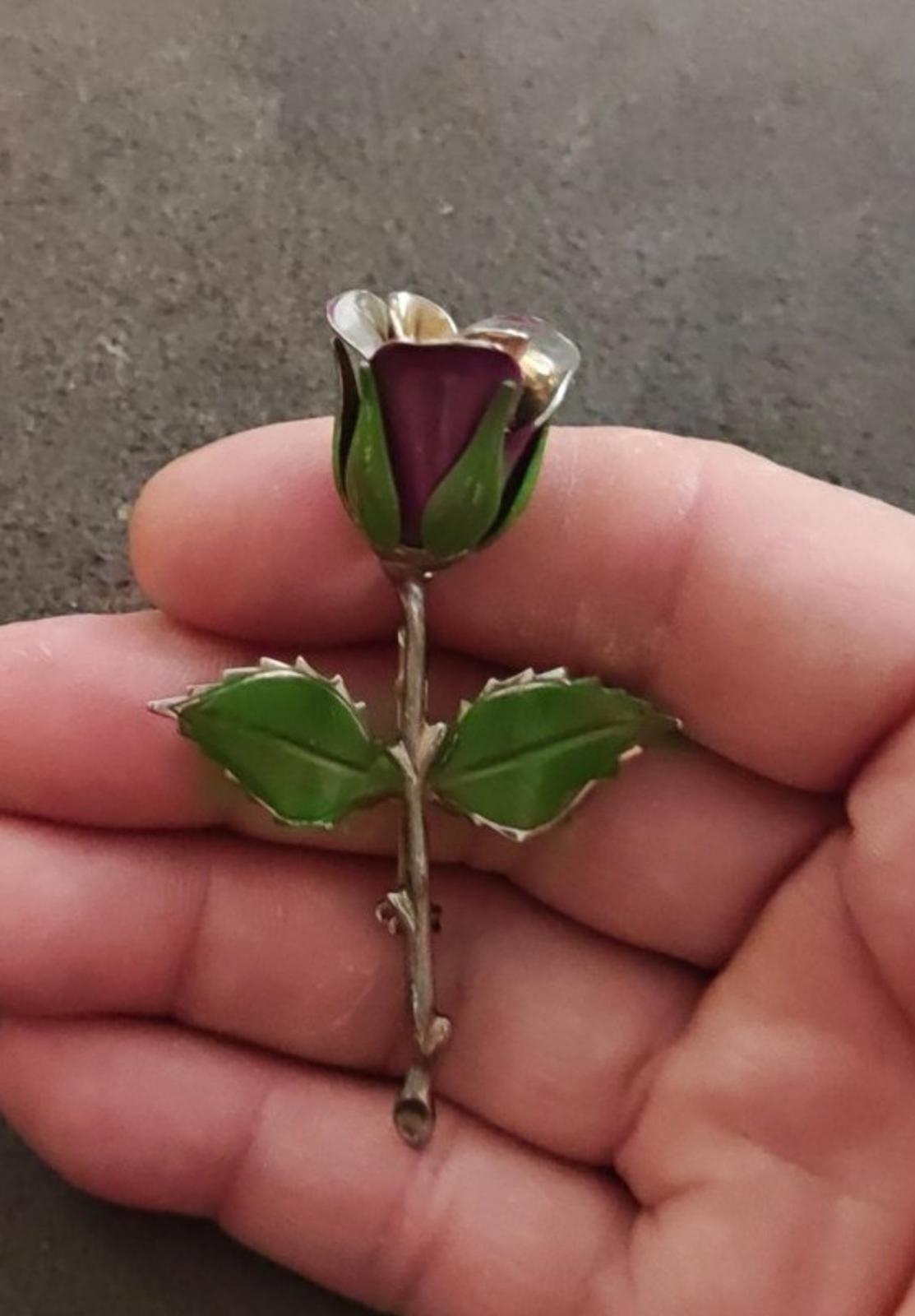 1970s Silver Tone Purple and Green Enamel Rose Brooch