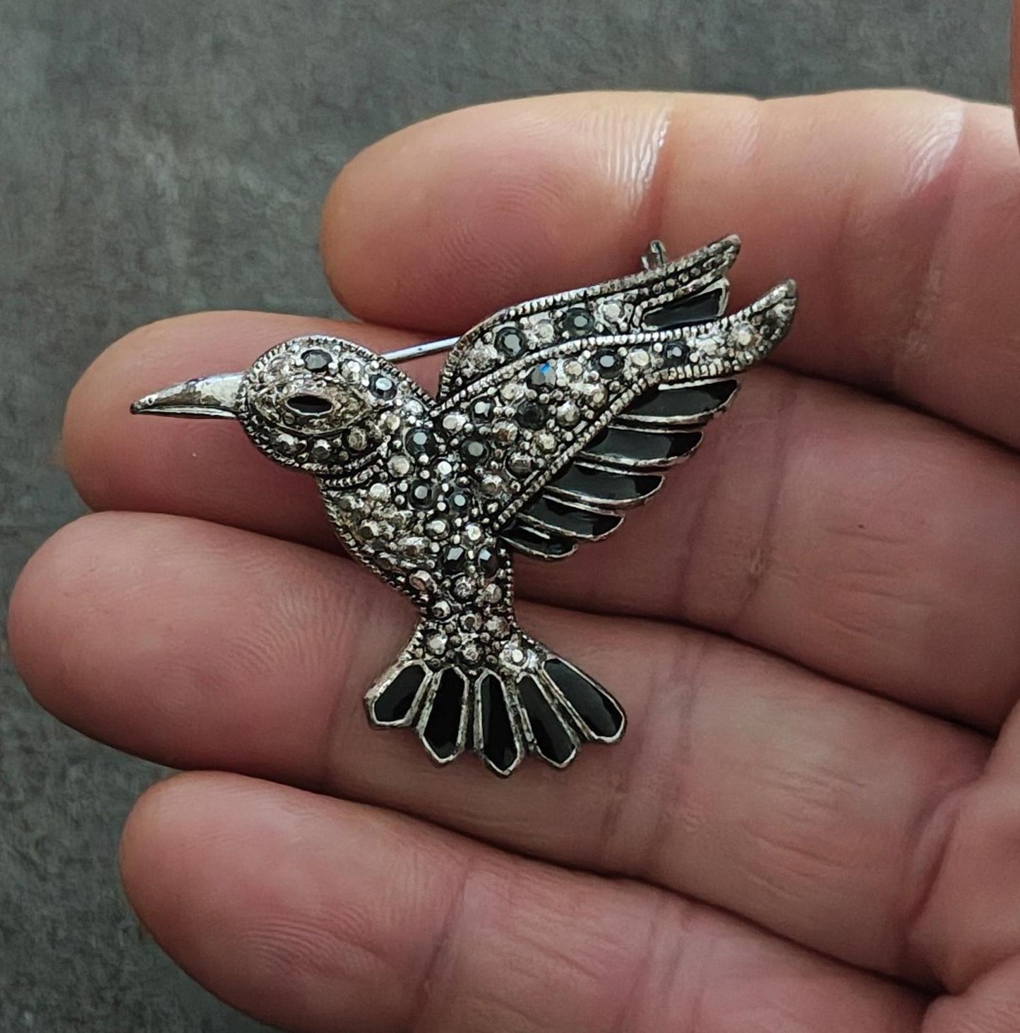 1990s Silver Tone Marcasite With Black Enamel Hummingbird Brooch Pin