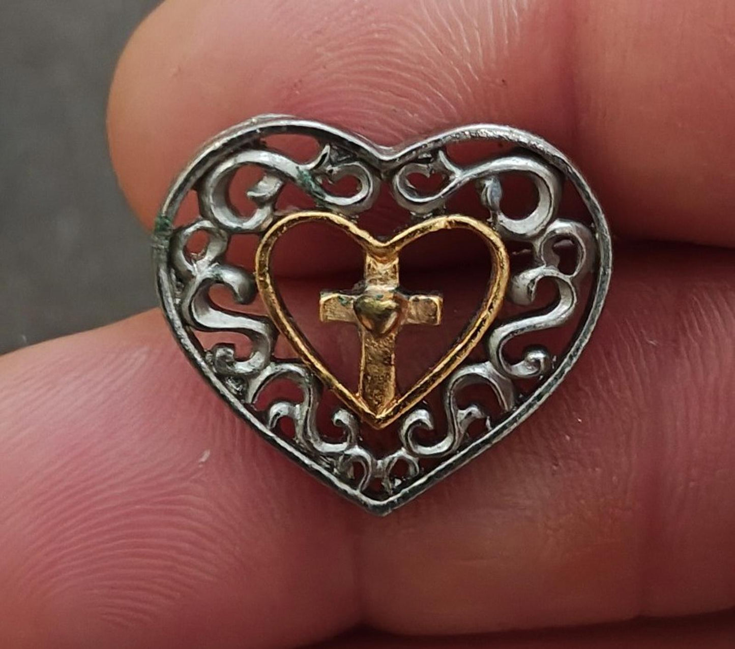 Two Tone Filigree Heart Cross Pin