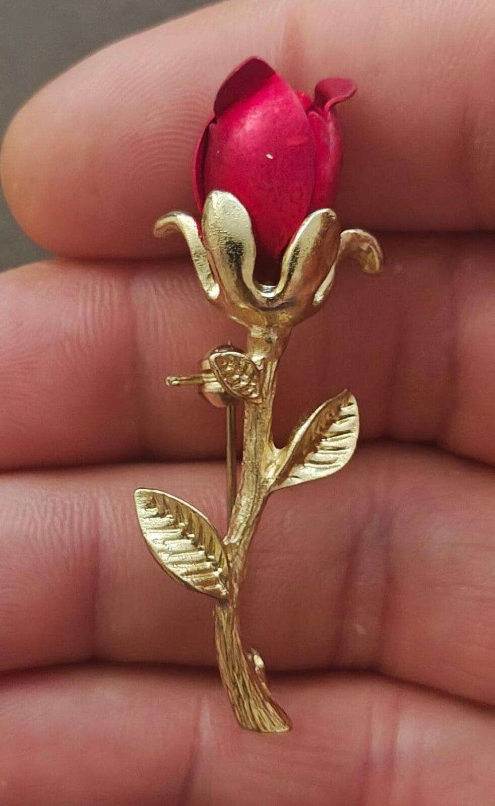 1980s Gold Tone Red Enamel Red Rose Bud With Single Stem Brooch