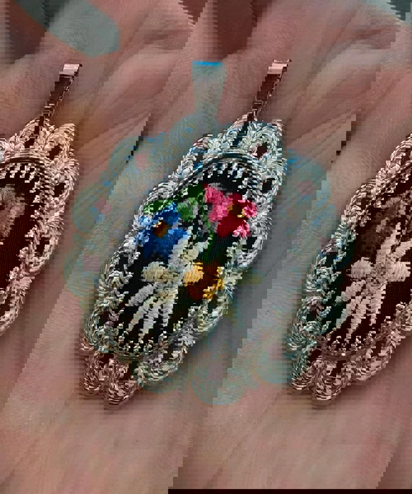 1970's Cross Stitched Flower Silver Tone Filigree Pendant