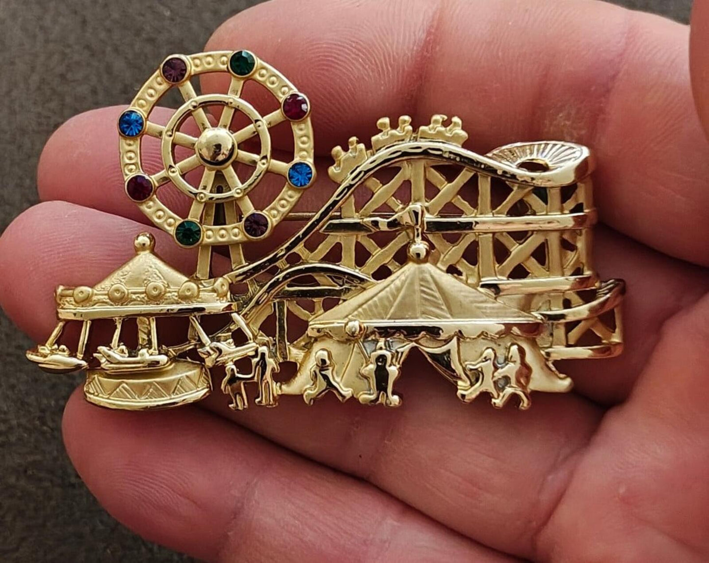 1980s Signed AJC Carnival Themed Gold Tone Brooch.