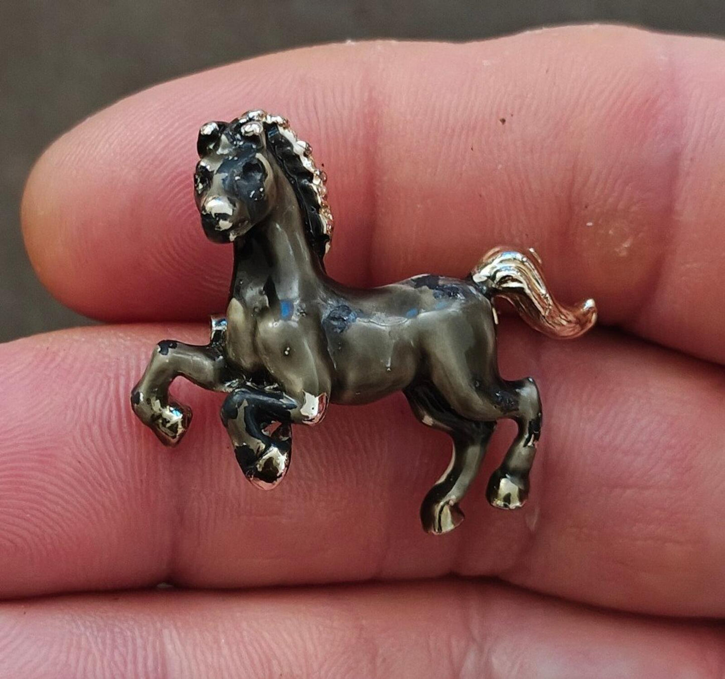 1970s/80s Silver With Grey & Black Enamel Prancing Horse/Stallion Brooch