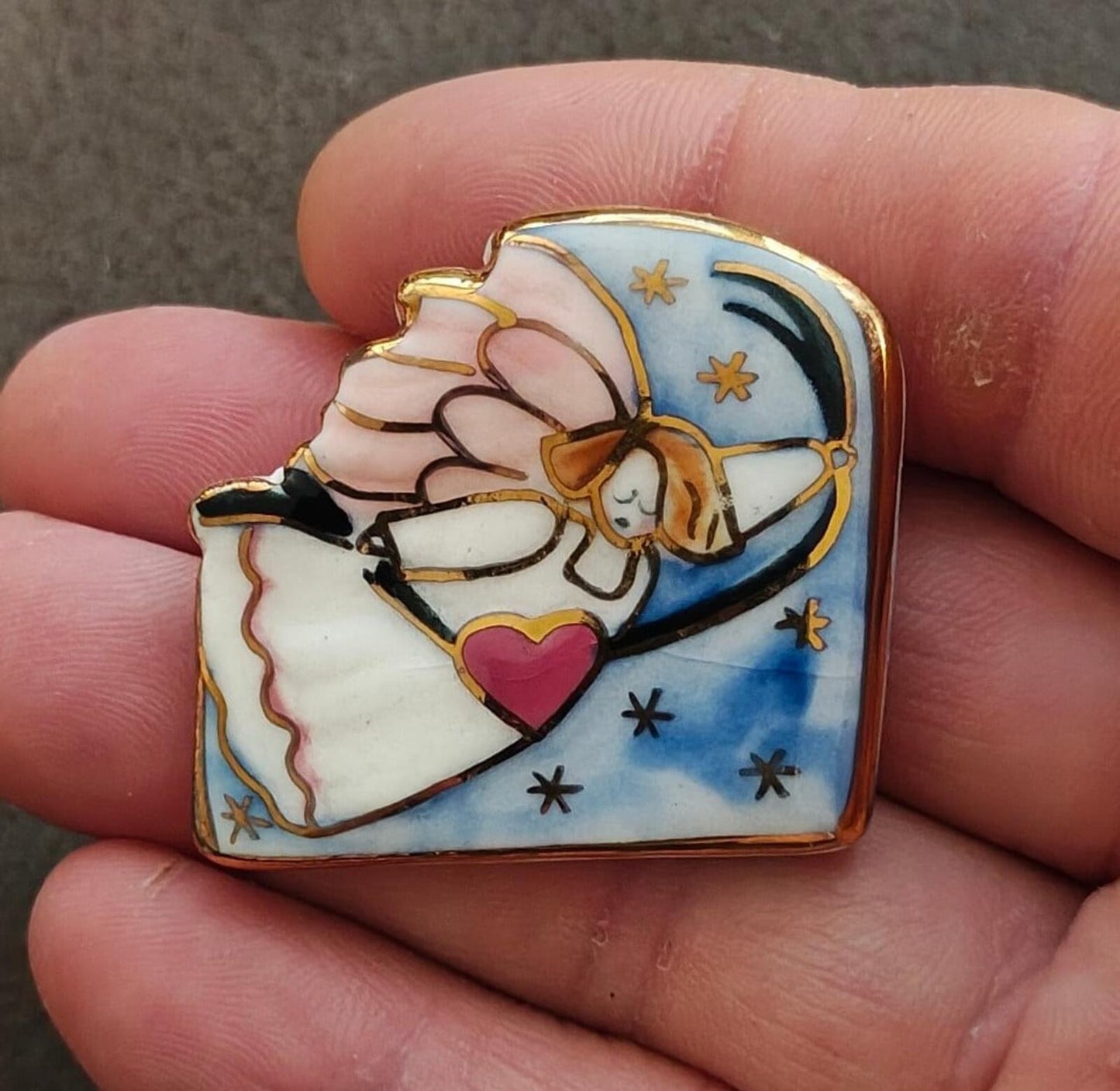 1980s Ceramic Multi-Color Enameled Flying Angel Brooch