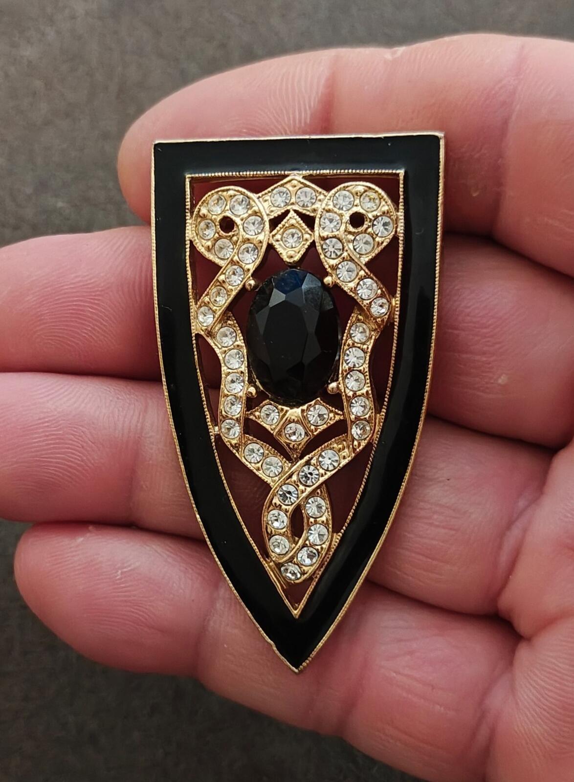 80s Gold Tone Art Deco Enamel Rhinestones & Black Stone 1928 Jewerly Co. Brooch