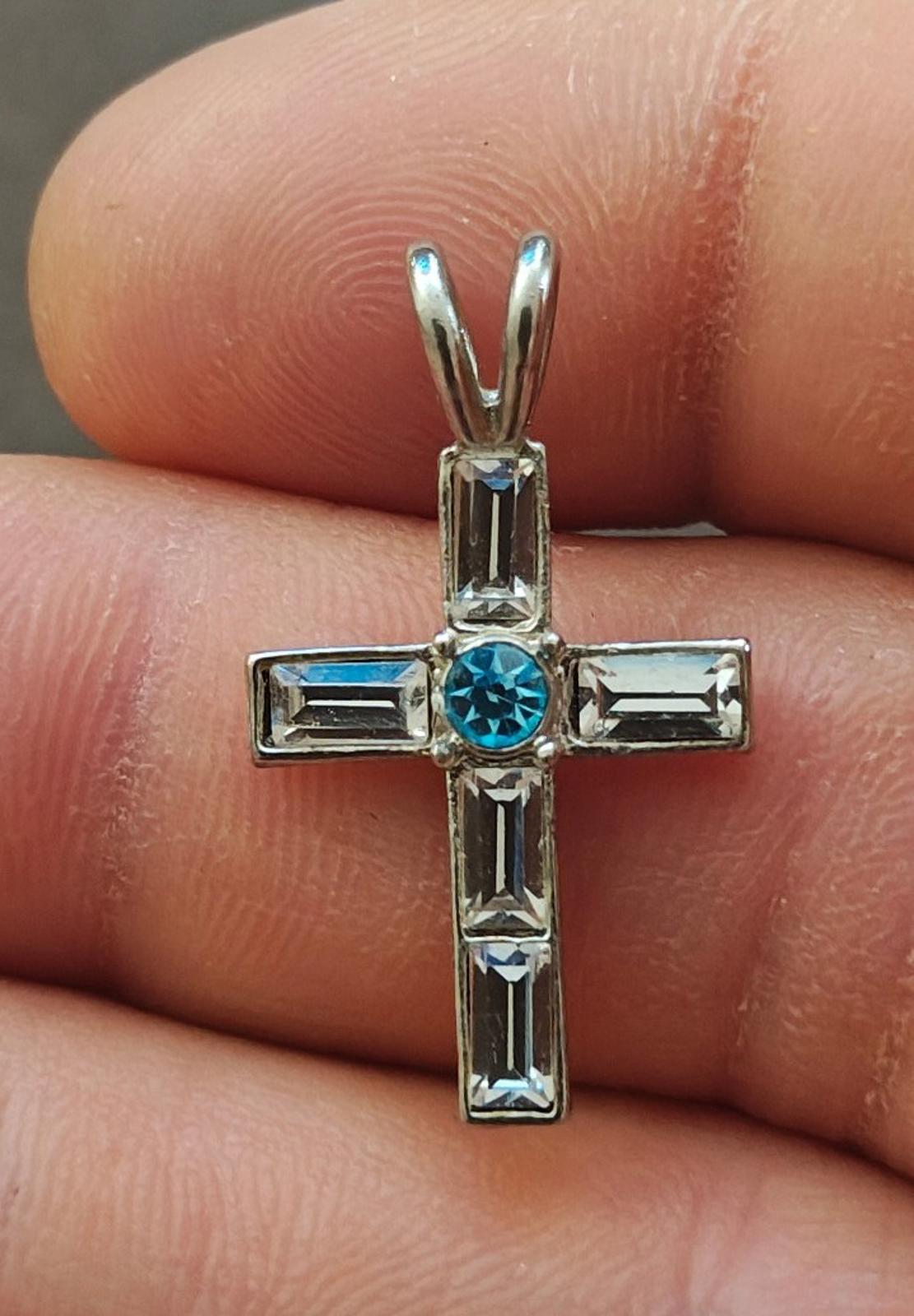 1990s Silver Tone With Clear and Blue Rhinestones Cross Pendant
