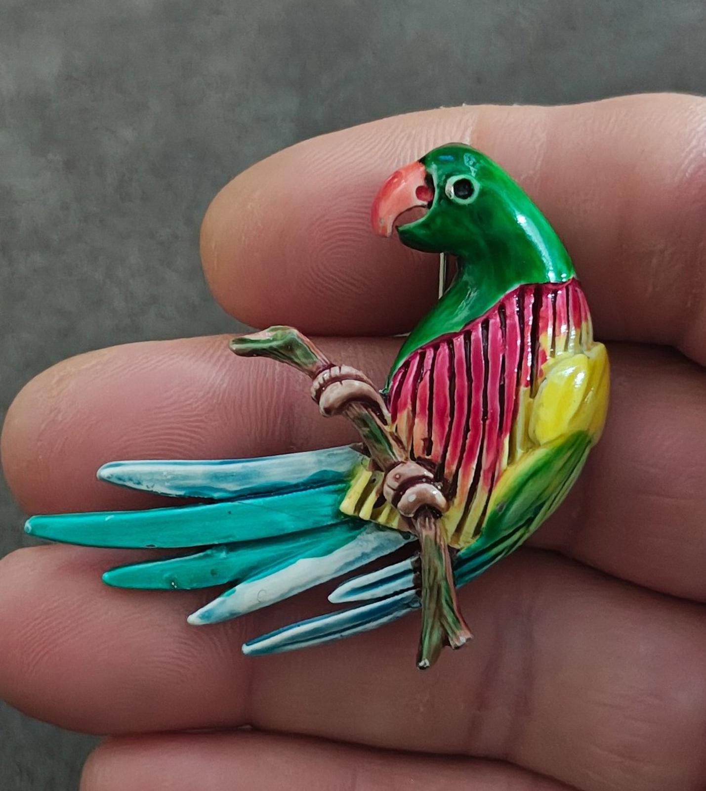 1980s Vintage Hand-Painted Enamel Parrot Sitting On Branch Silver Tone Brooch