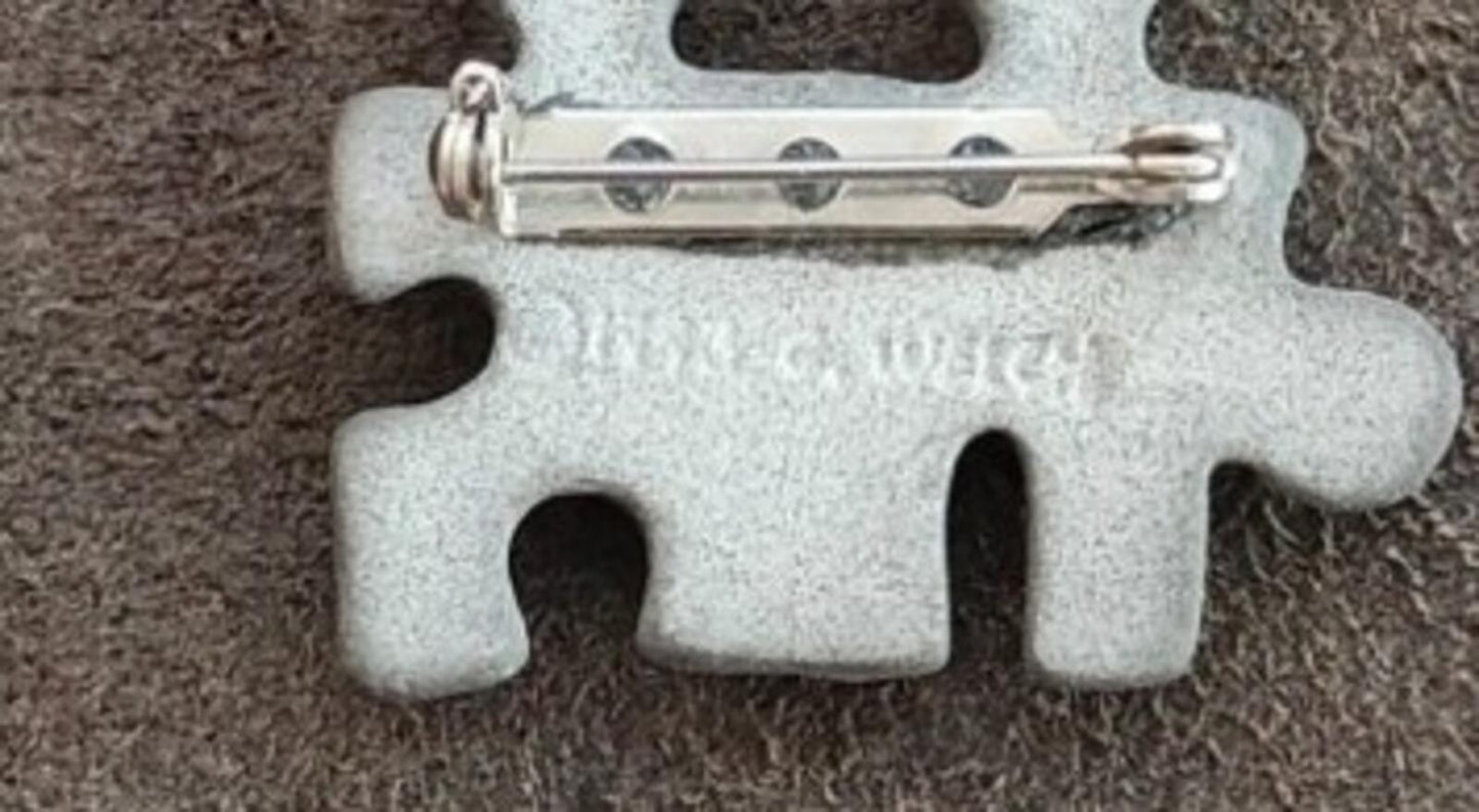 1990s Handcrafted Signed C Welch "Puzzle Buddies" Ceramic & Concrete Brooch