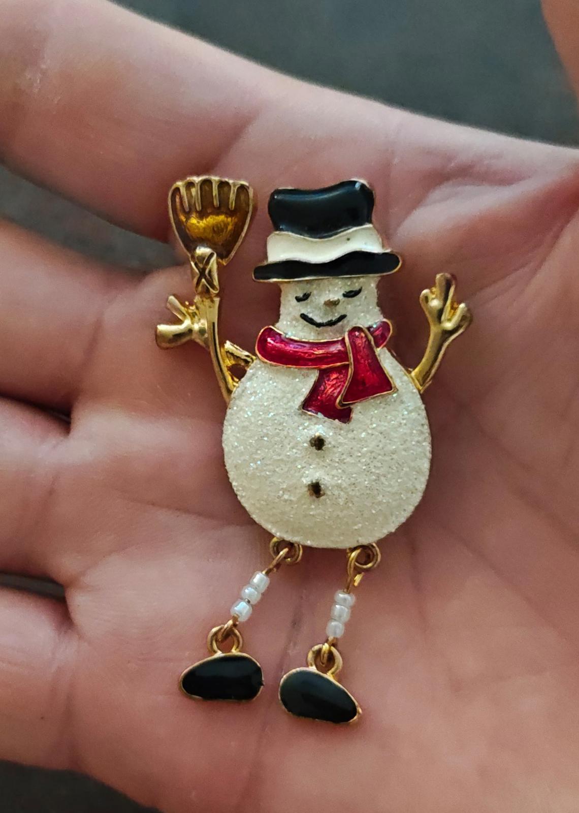 1990s Gold Tone Enamel Snowman Brooch