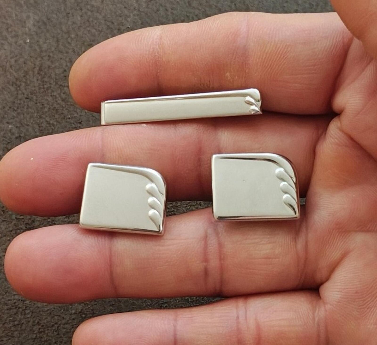 1960s Silver Tone Art Deco Style Tie Bar/Tie Clip & Cufflinks Set