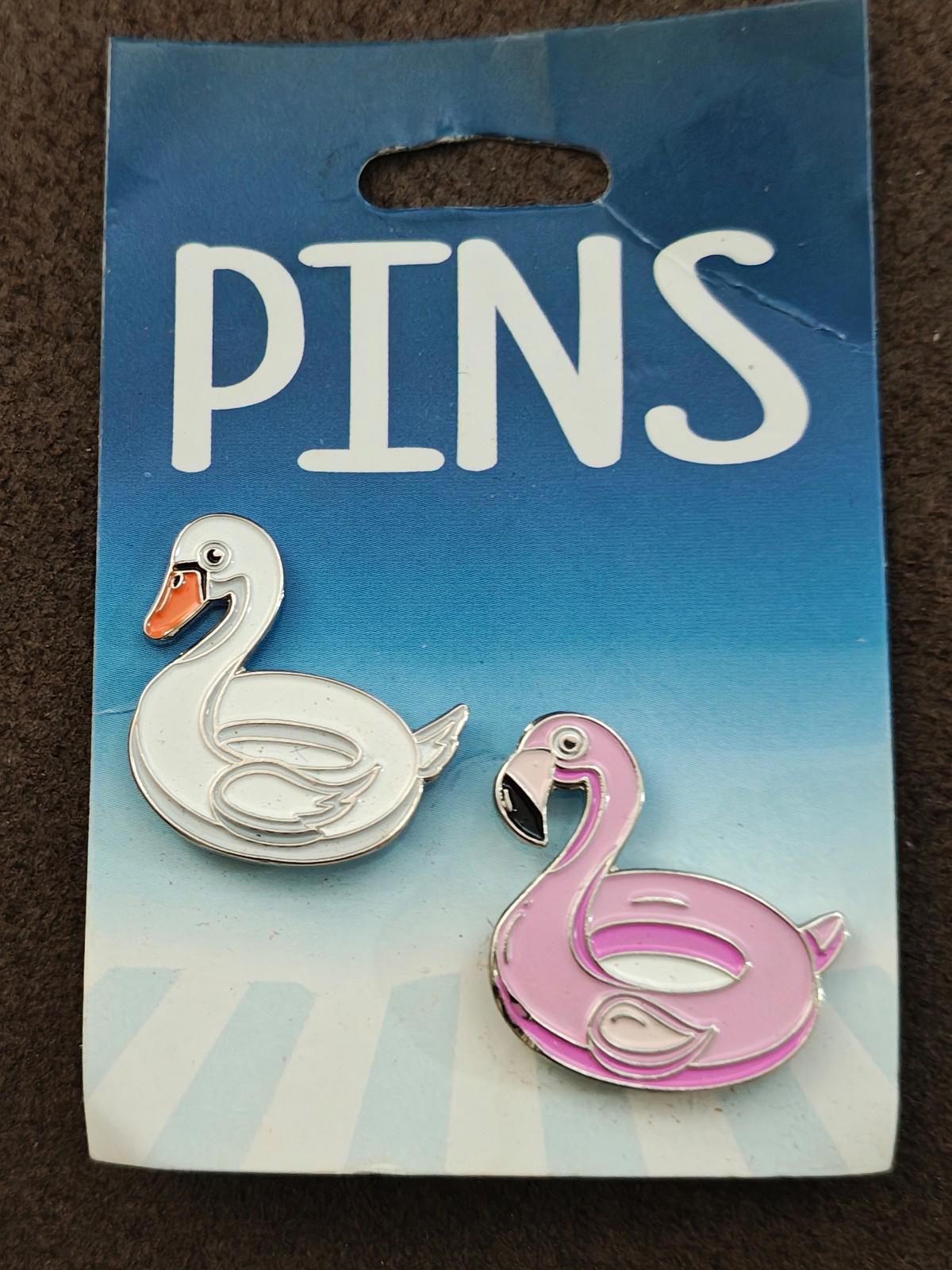 Colorful Set Of 1 White Swan Pin and 1 Pink Flamingo Silver Tone Pins New