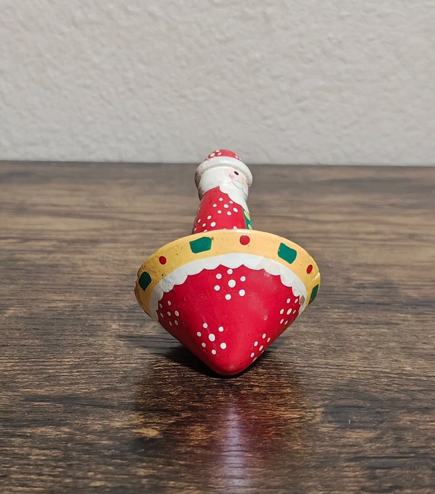 1970s Vintage Folk Art Hand Painted Santa Wooden Spinning Top Toy