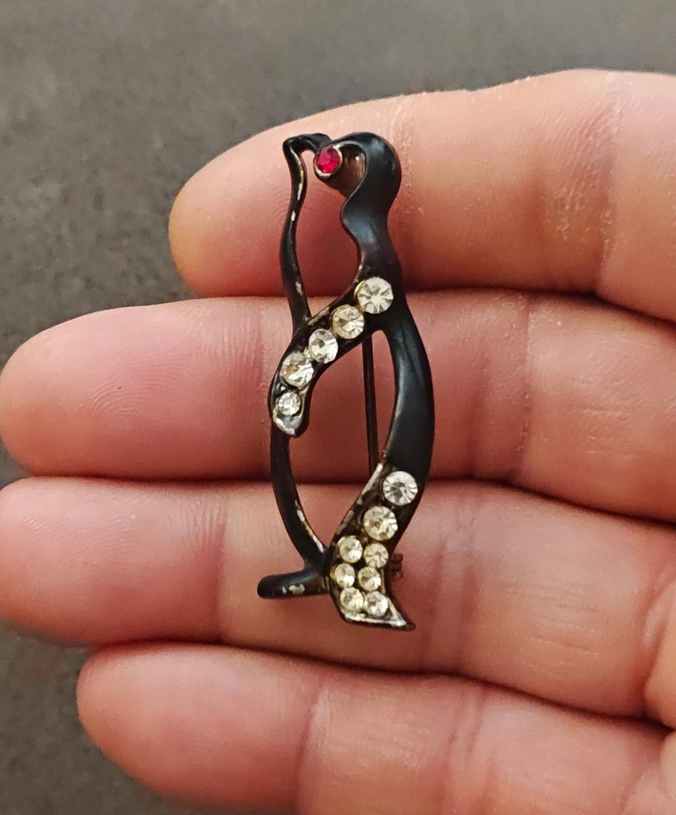 1980s Gold Tone Black Enamel With Red & Clear Rhinestones Penguin Brooch