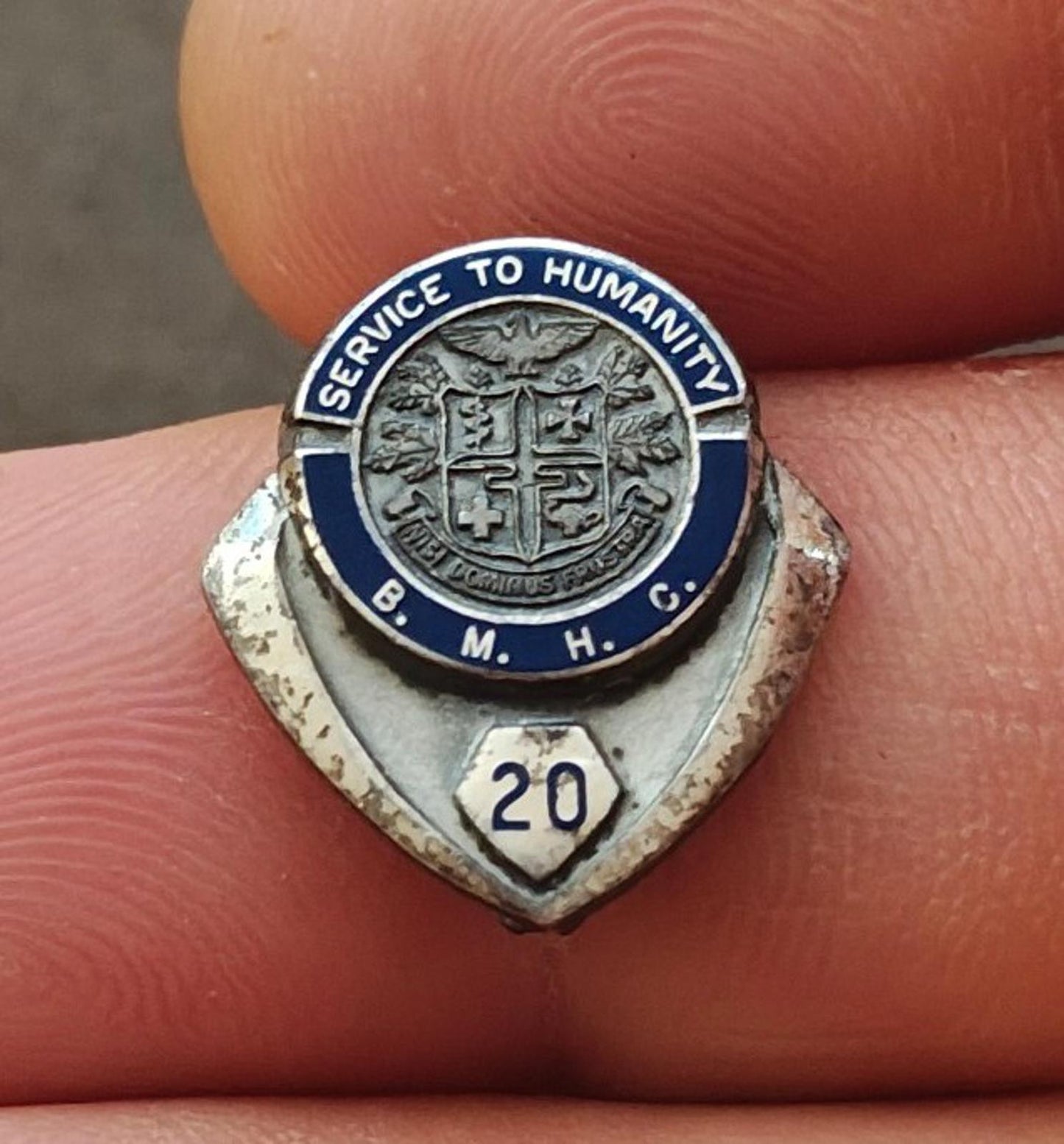 1970s Sterling Silver Boone Memorial Health Complex 20 Year Service Enamel Pin