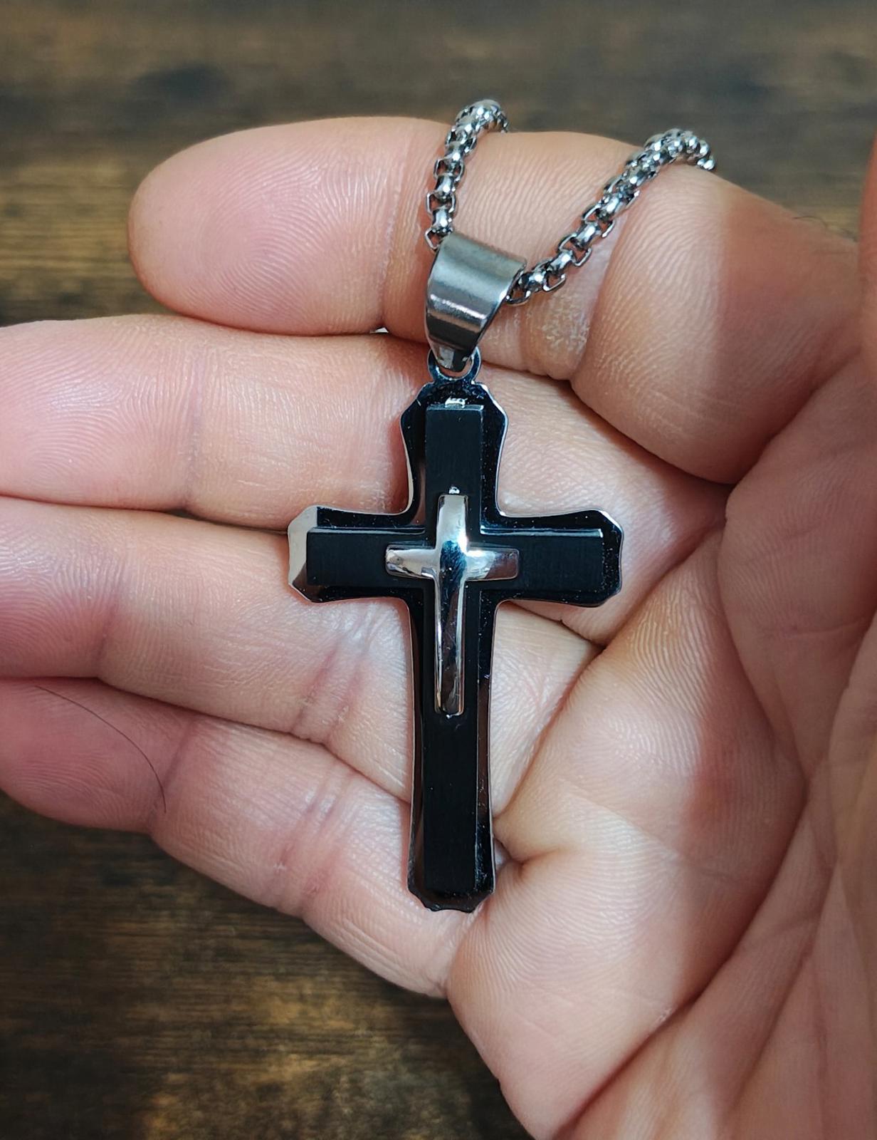 Black and Silver with 26" Silver Tone Chain Cross Pendant Necklace