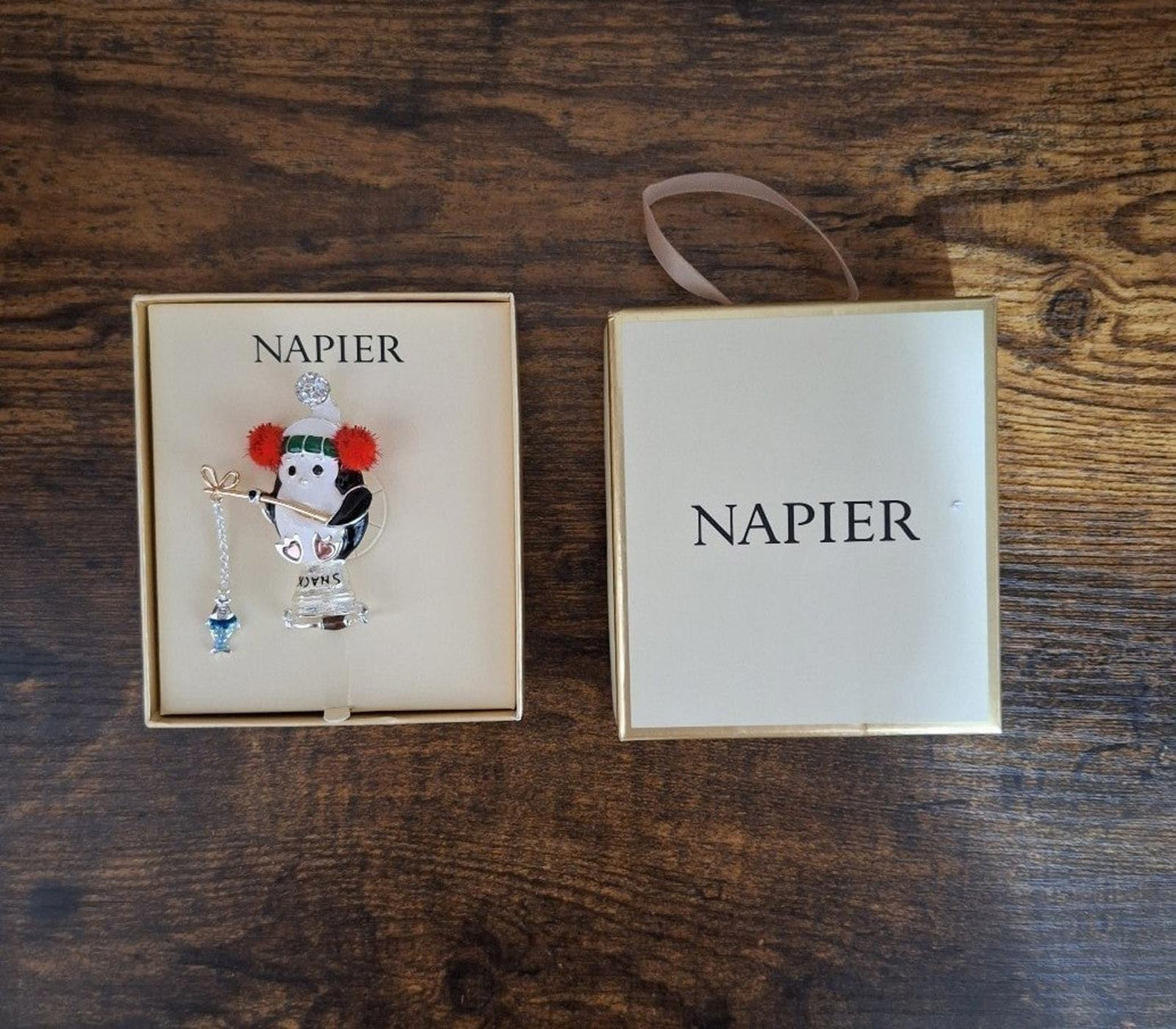 Super Cute Napier Silver Tone Enamel Elevated Fishing Penguin Pin New In Box.