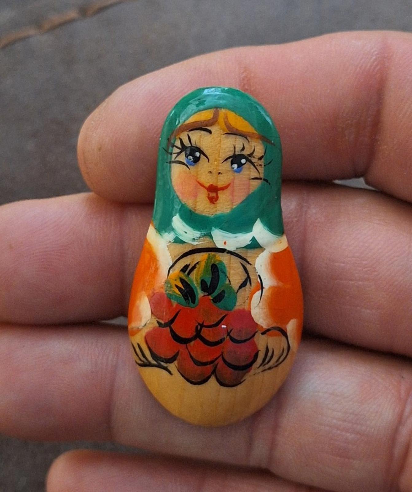 Vintage Wooden Hand Painted Eastern Europe Babushka Brooch