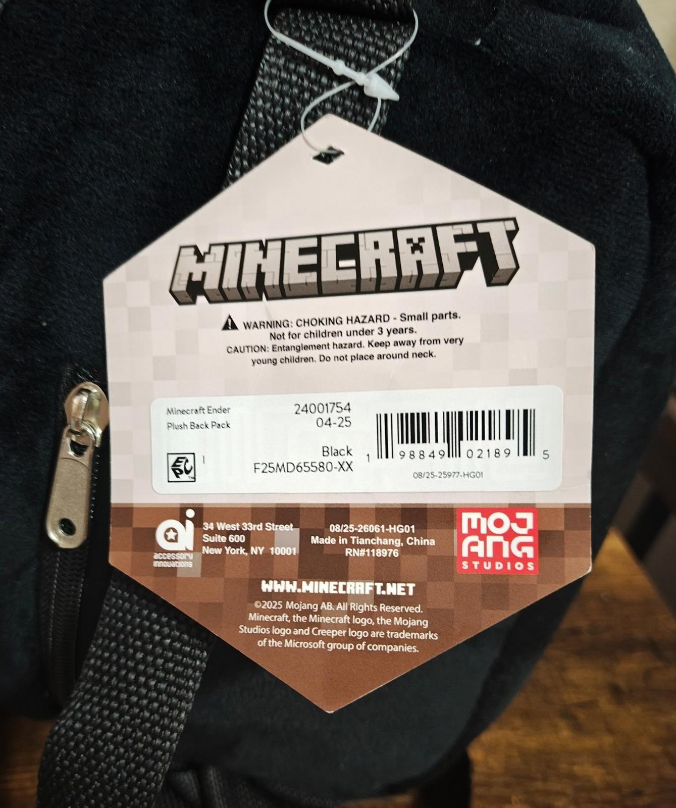 Minecraft Boys Ender 12.5" Black Plush Backpack NWT