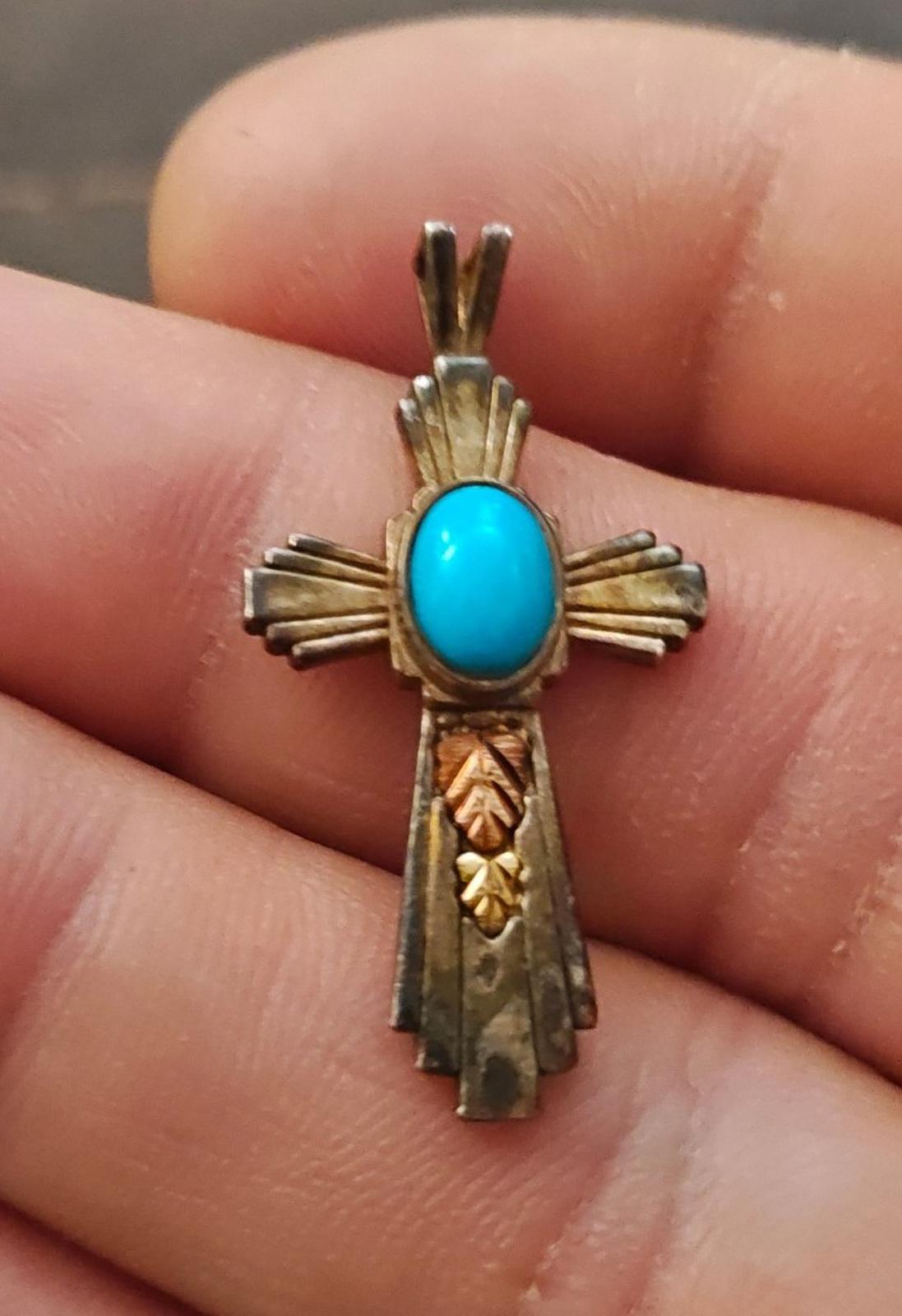 80s Coleman Co. Black Hills 12 Kt Gold & Sterling Silver Turquoise Cross Pendant