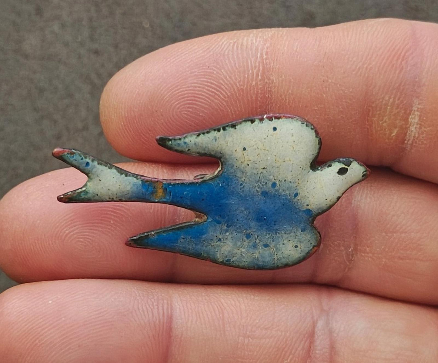 1970s Blue and White Enamel on Copper Decorative Bird Brooch
