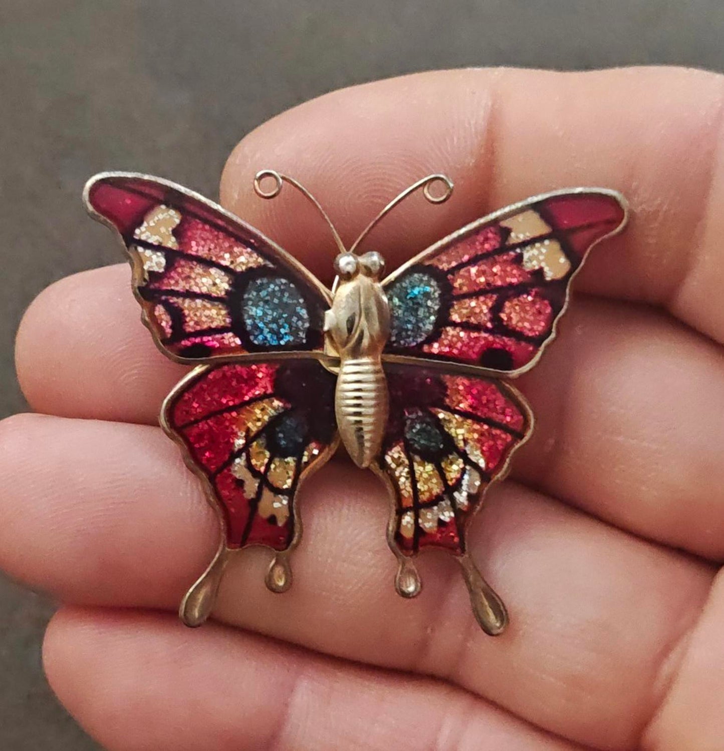 1970s Gold Tone Butterfly With Enamel & Glitter Accents Brooch