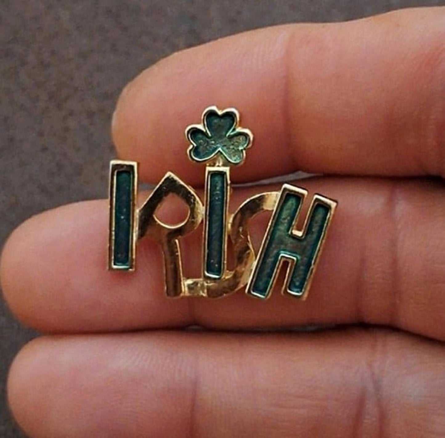 Cool Vintage Gold Tone "Irish" Shamrock/Clover Enamel Pin.