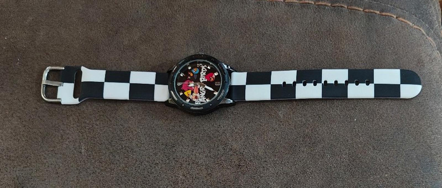 Cool Angry Birds Silver Tone With Black & White Checkered Silicone Band Watch.