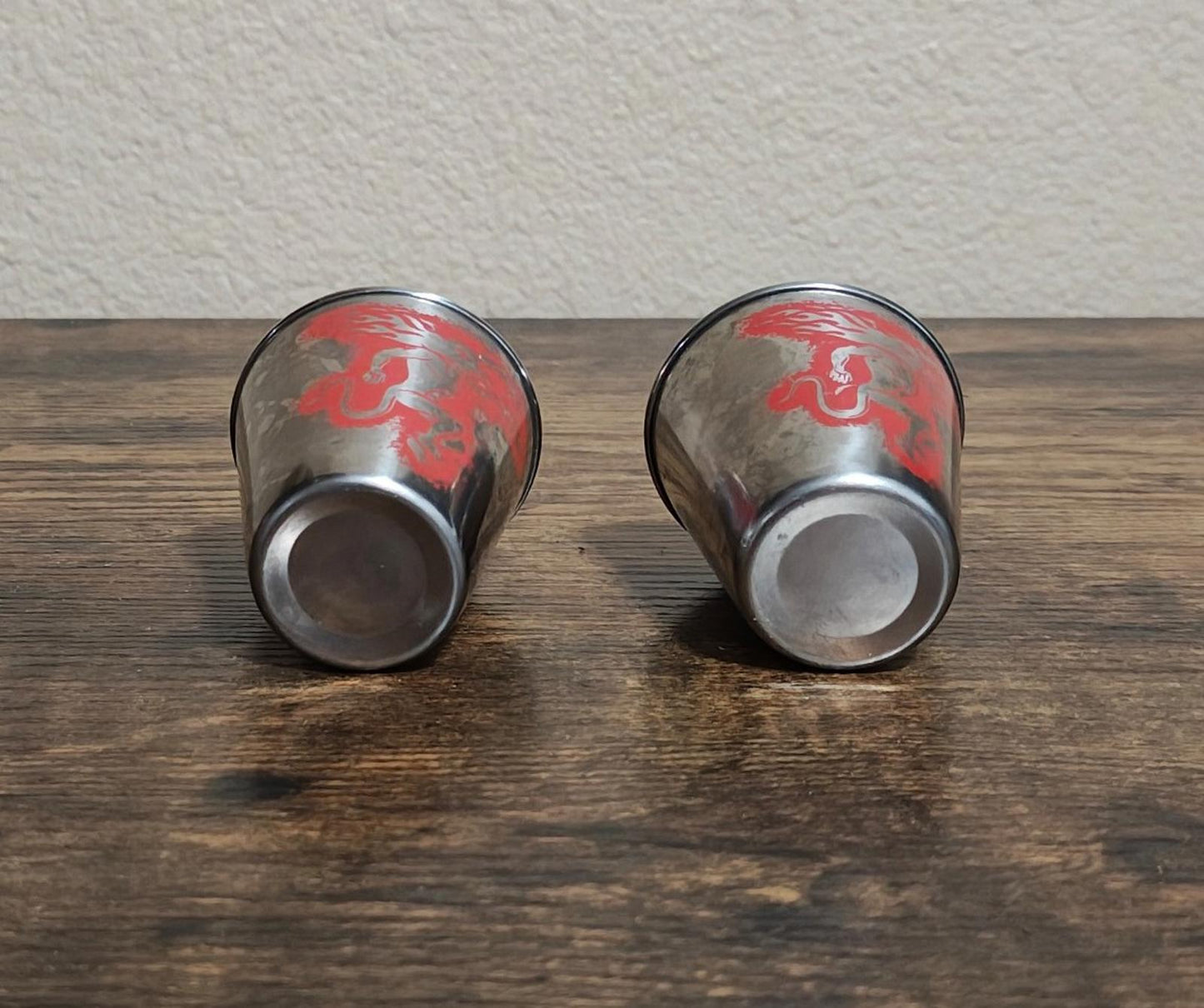 1980s Set Of 2 Fireball Cinnamon Whisky Stainless Steel Dragon Shot Glasses