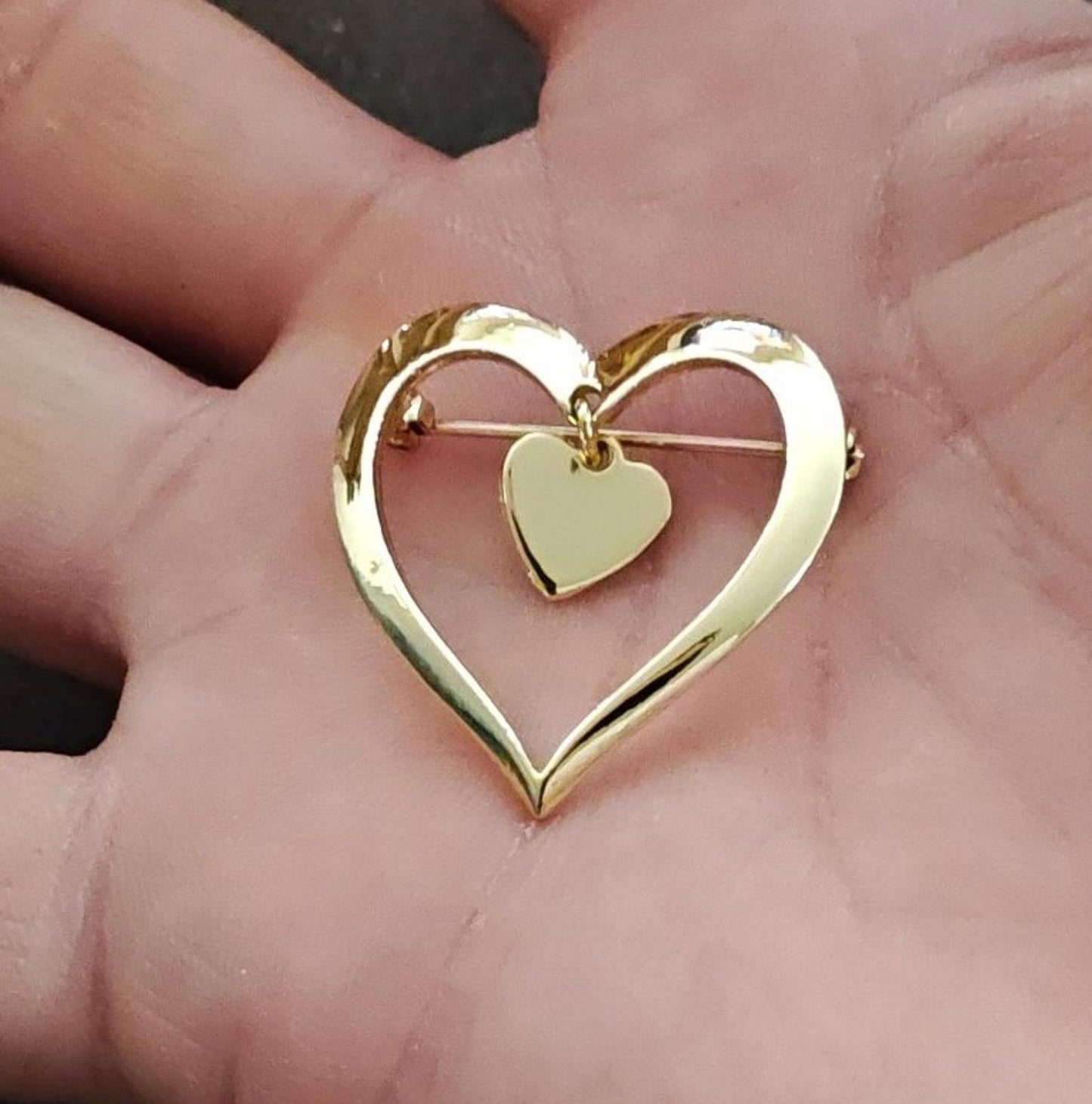 1980s Gold Tone Open Heart With a Smaller Heart Charm Dangle Brooch