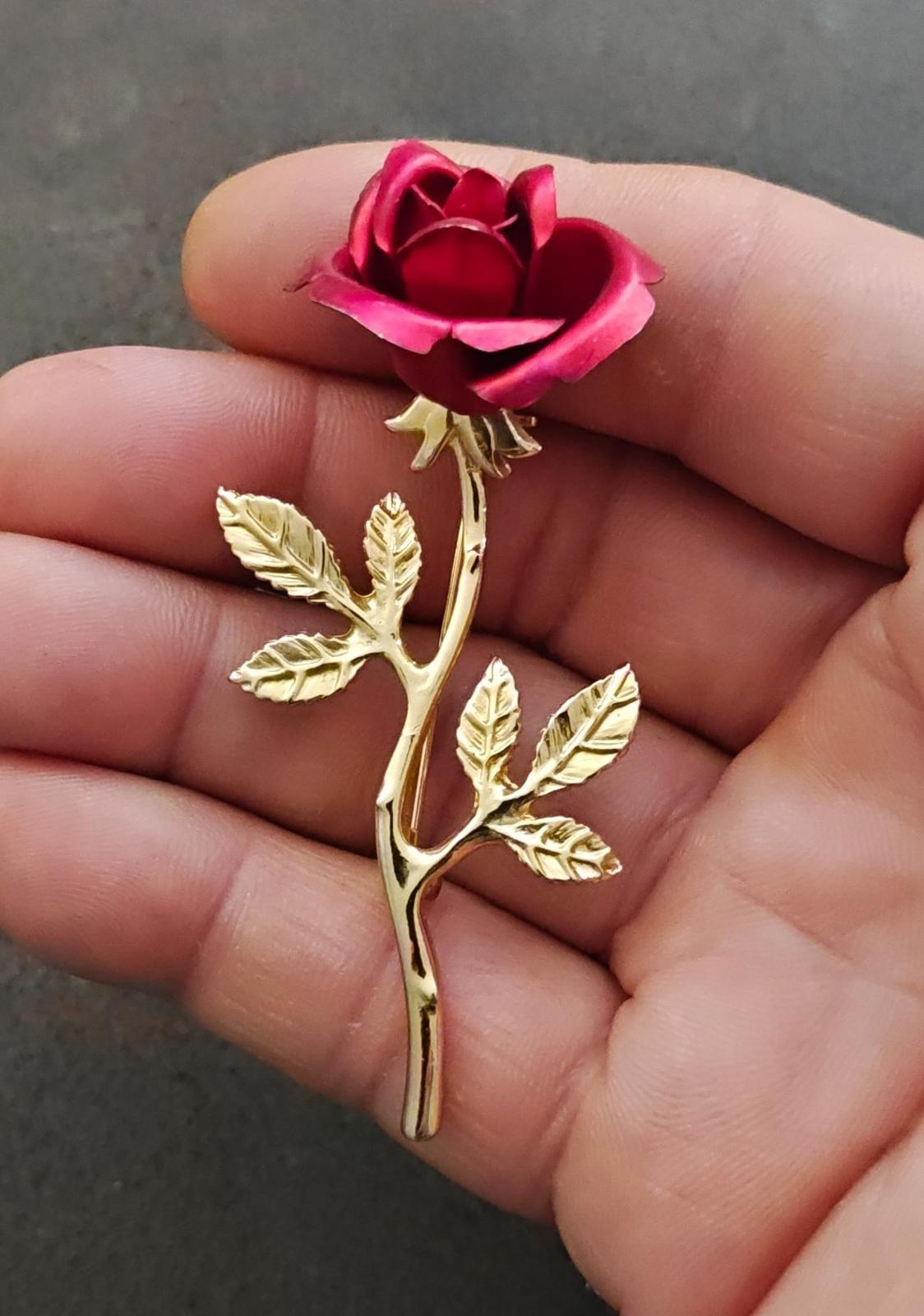 1980s Gold Tone Long Stem Textured Red Rose Brooch