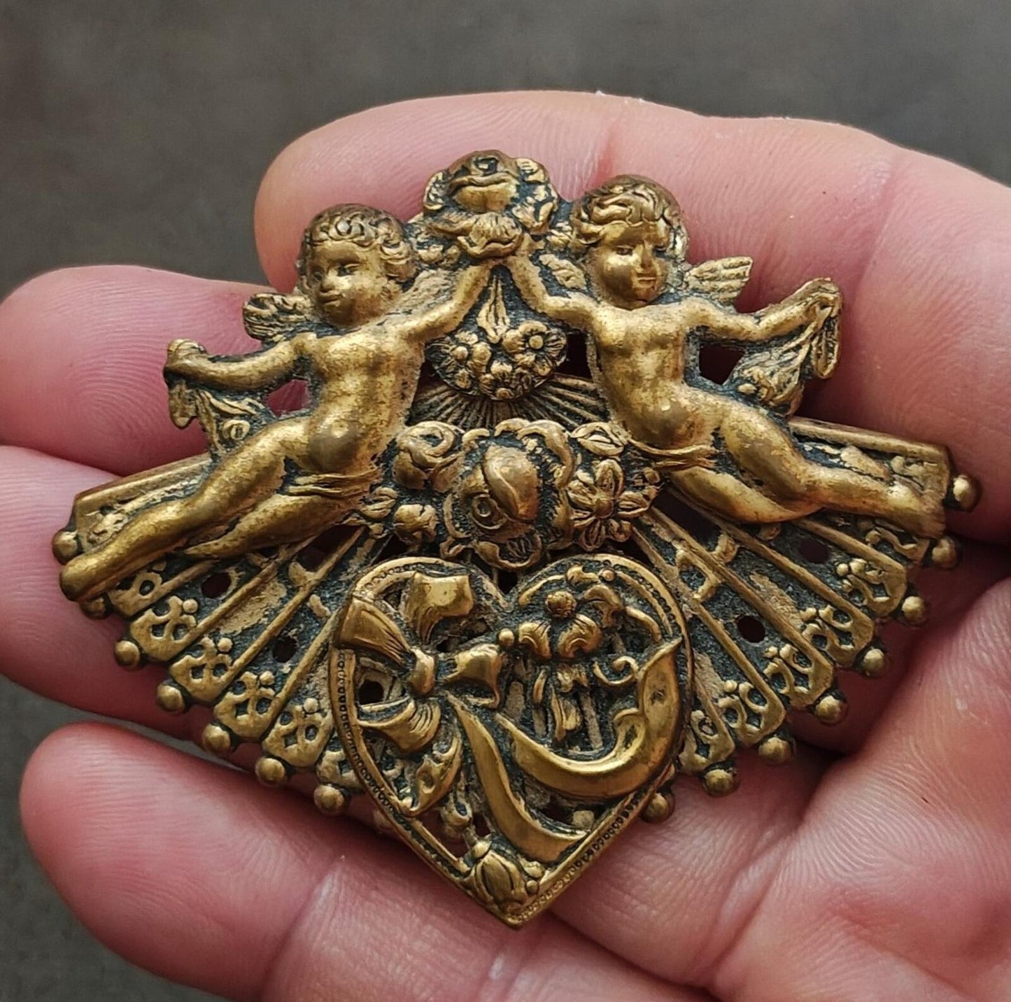 1970s/80s Gold Tone Renaissance Revival Style Double Cherub Brooch