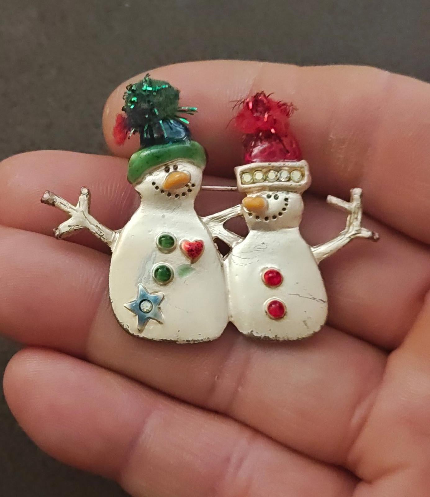 1980s Silver Tone With iridescent Rhinestones Two Snowman Enamel Brooch
