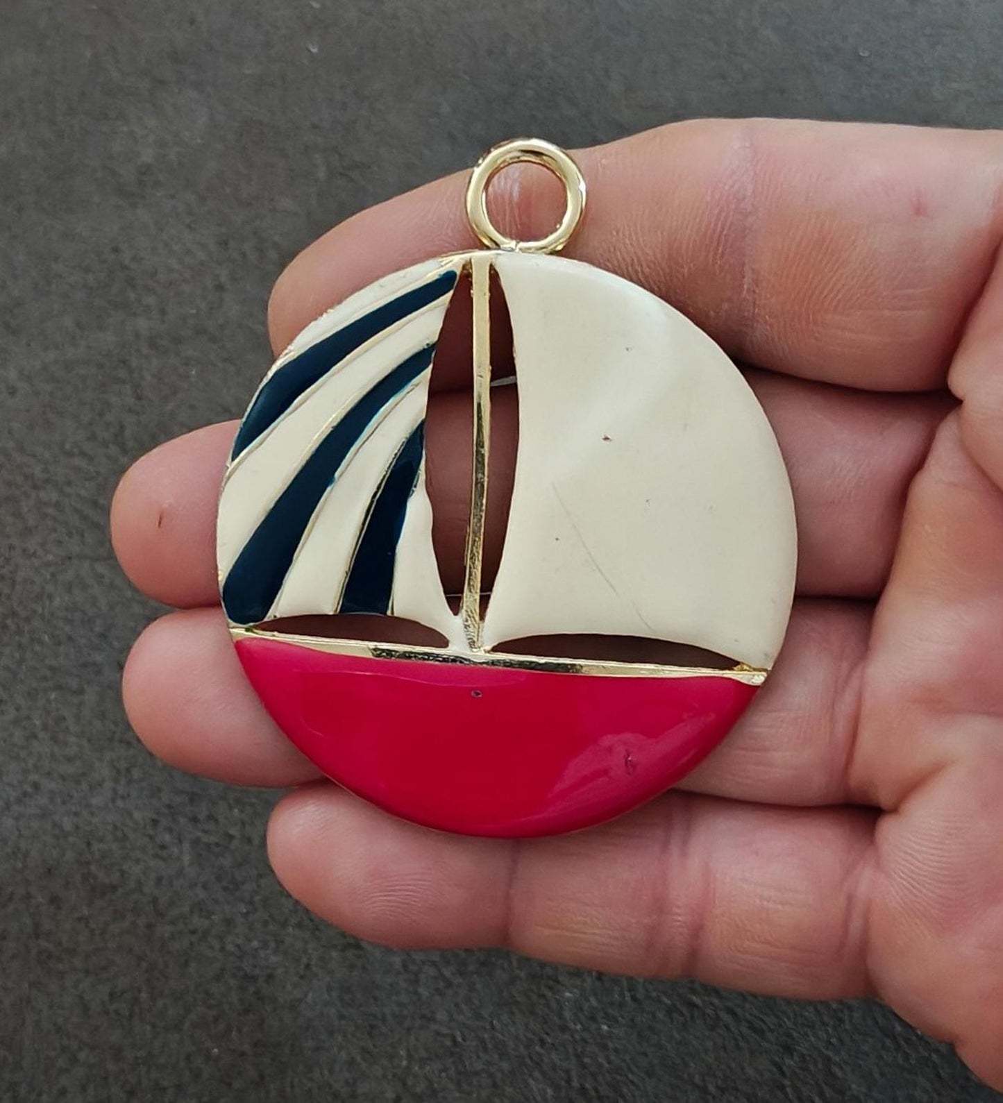 1960's Large Nautical Sailboat Gold Tone Enamel Pendant