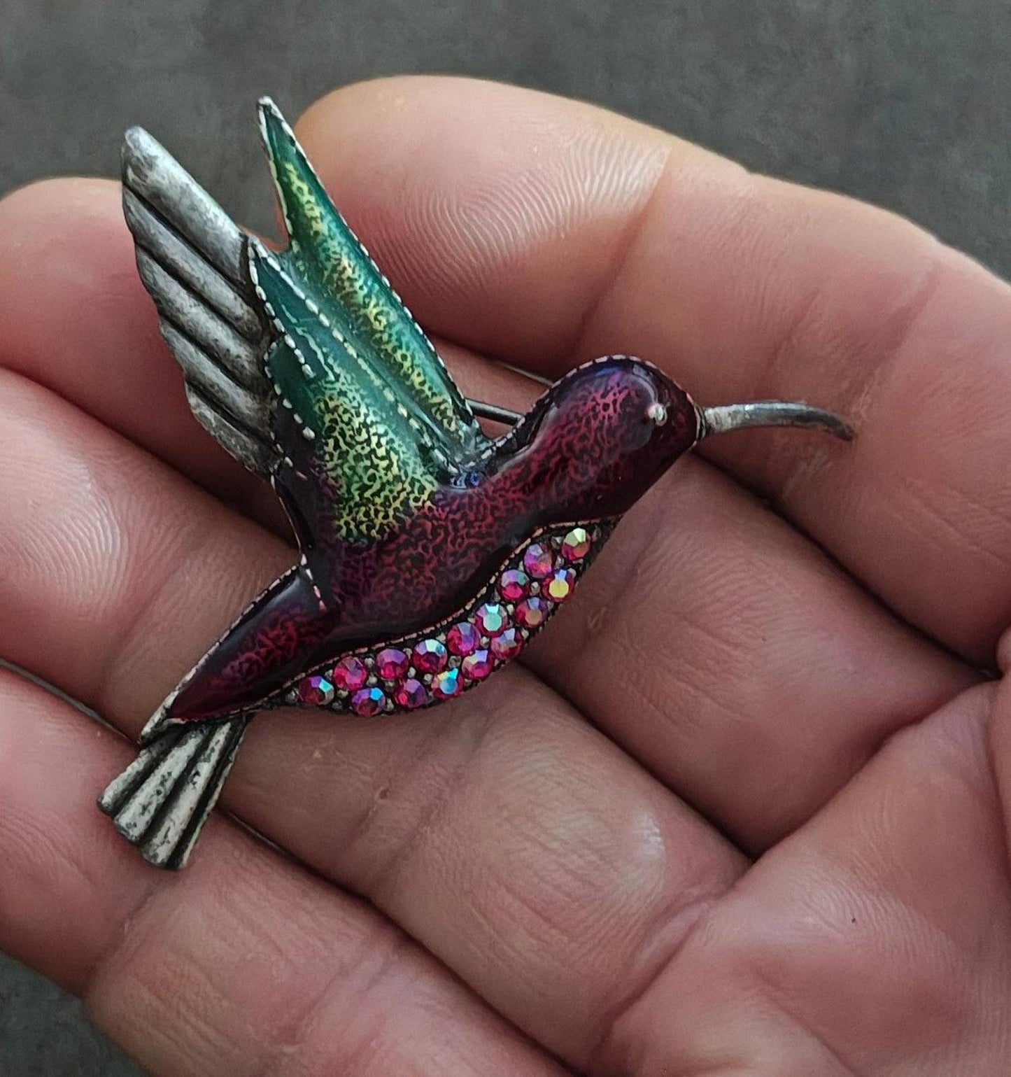 1980's Vintage Silver Tone With Rhinestones Enamel Hummingbird Brooch Pin