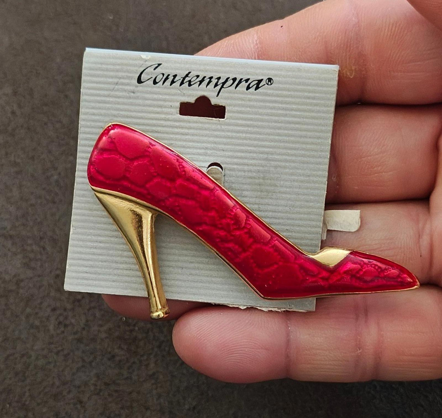 1990s Contempra Red High Heel Gold Tone Red Acrylic Shoe Brooch