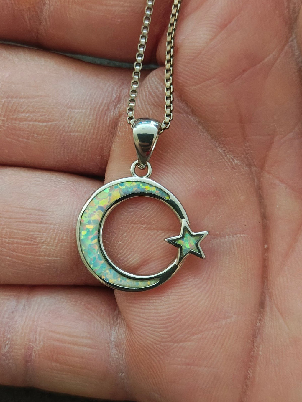 Dainty 925 Sterling Silver White Fire Opal Moon & Star Celestial Necklace