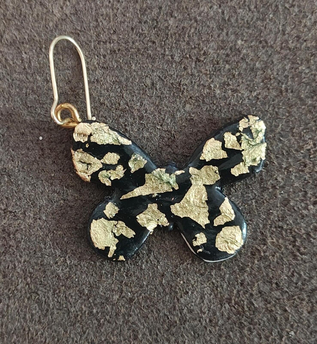 Handmade Black Polymer Clay Butterfly Earrings With Striking Gold Leaf Flakes