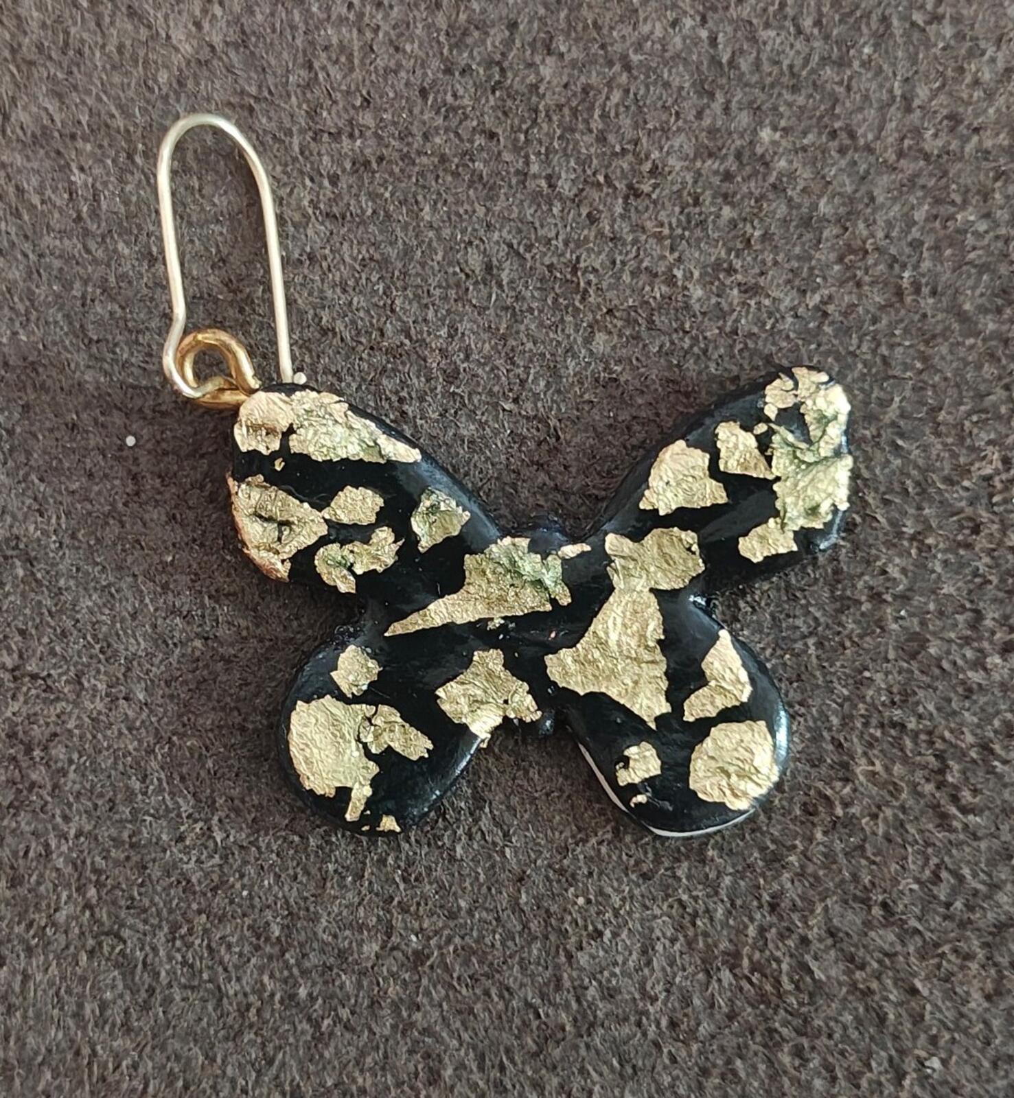 Handmade Black Polymer Clay Butterfly Earrings With Striking Gold Leaf Flakes