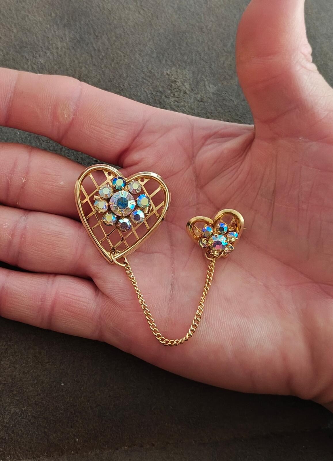 1950s Double Heart With Aurora Borealis Rhinestones Gold Tone Brooch
