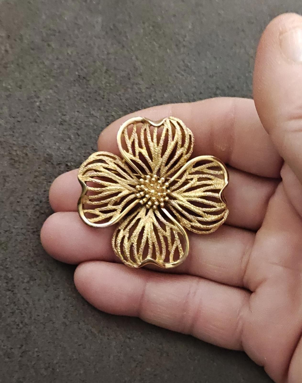 1950s/60s Gold Tone Vintage Textured Crown Trifari Dogwood Flower Brooch
