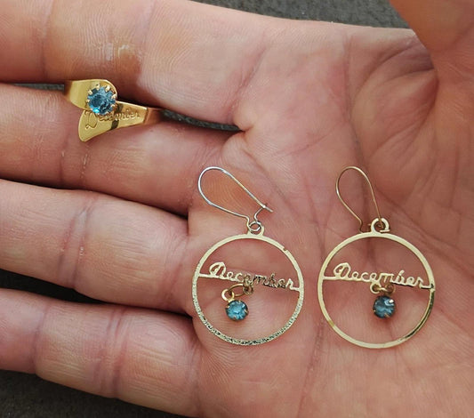 1970's Blue Topaz Stone December Ring & Dangle Earrings Set